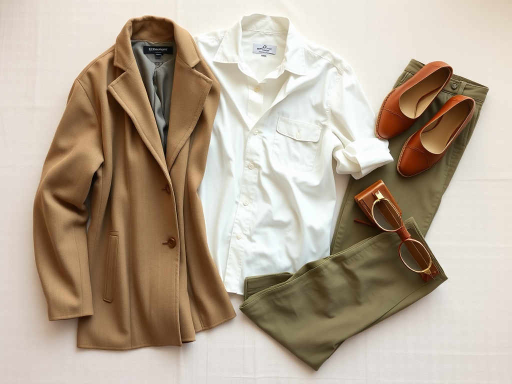 Een stijlvolle outfit met een beige jas, witte blouse, groene broek, bruine schoenen en zonnebril.