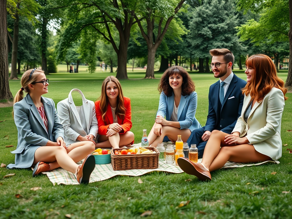 Vijf mensen in zakelijke kleding hebben een picknick in een groen park met fruit en drankjes.