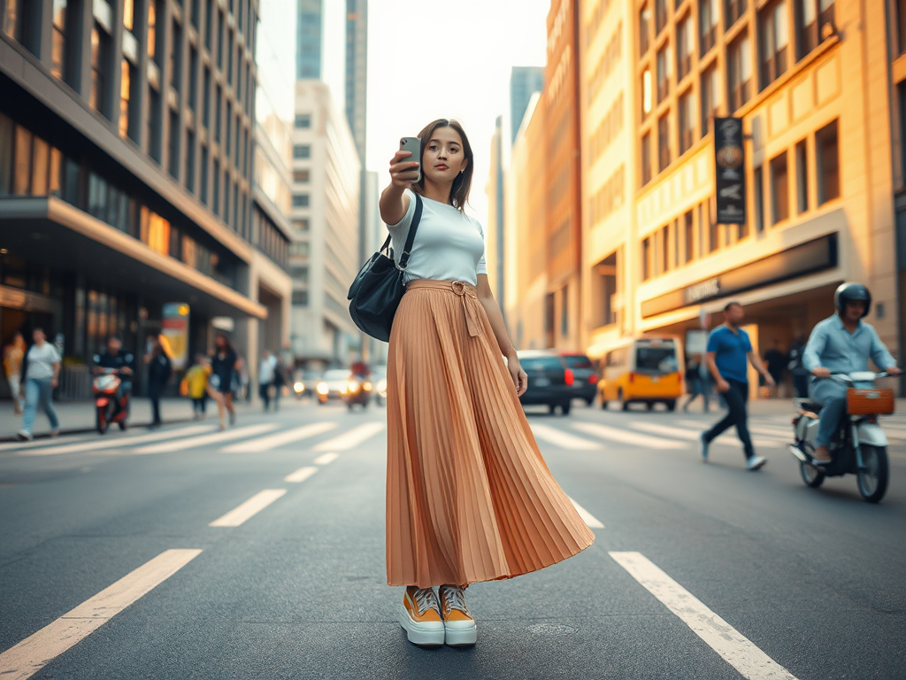 Een vrouw met een lange plooienrok en sneakers staat op een straat met stadsgebouwen op de achtergrond.