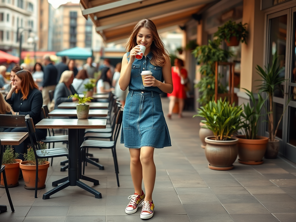 Een vrouw in een spijkerjurk staat in een café en drinkt koffie, omringd door planten en mensen.