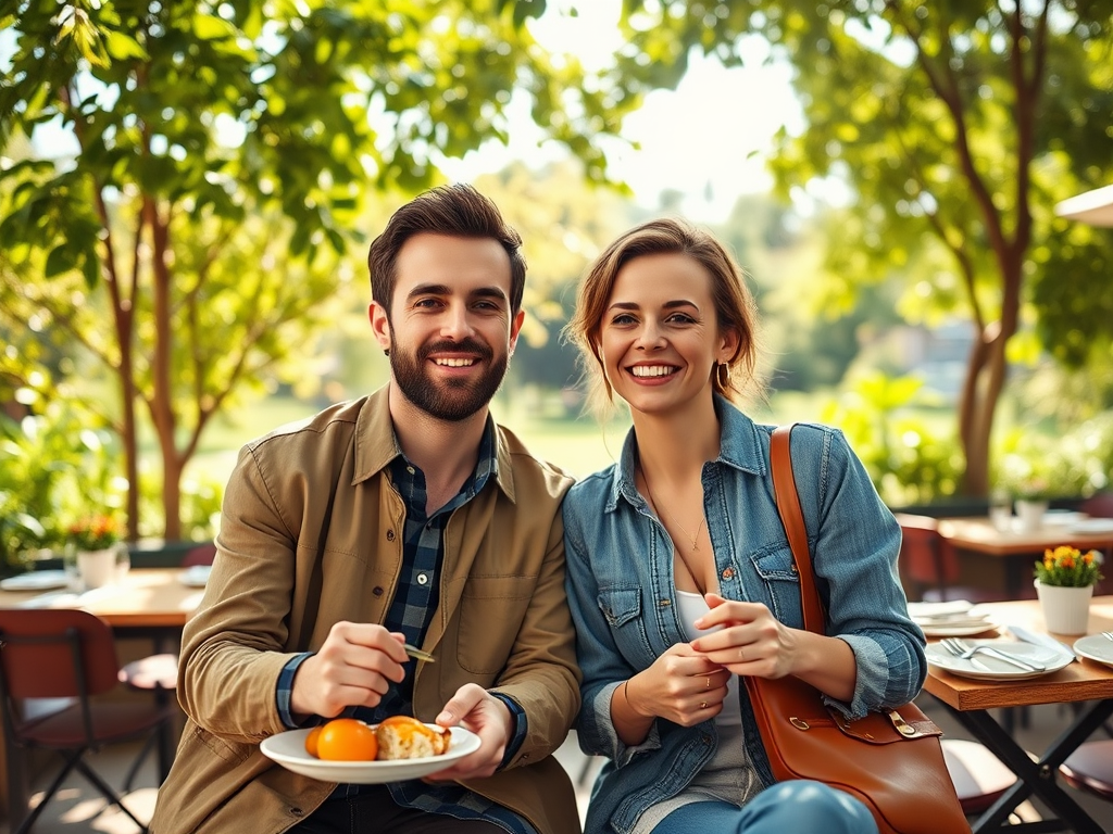 Een man en een vrouw glimlachen samen aan een tafel in een groene omgeving, met een bord eten in de hand.