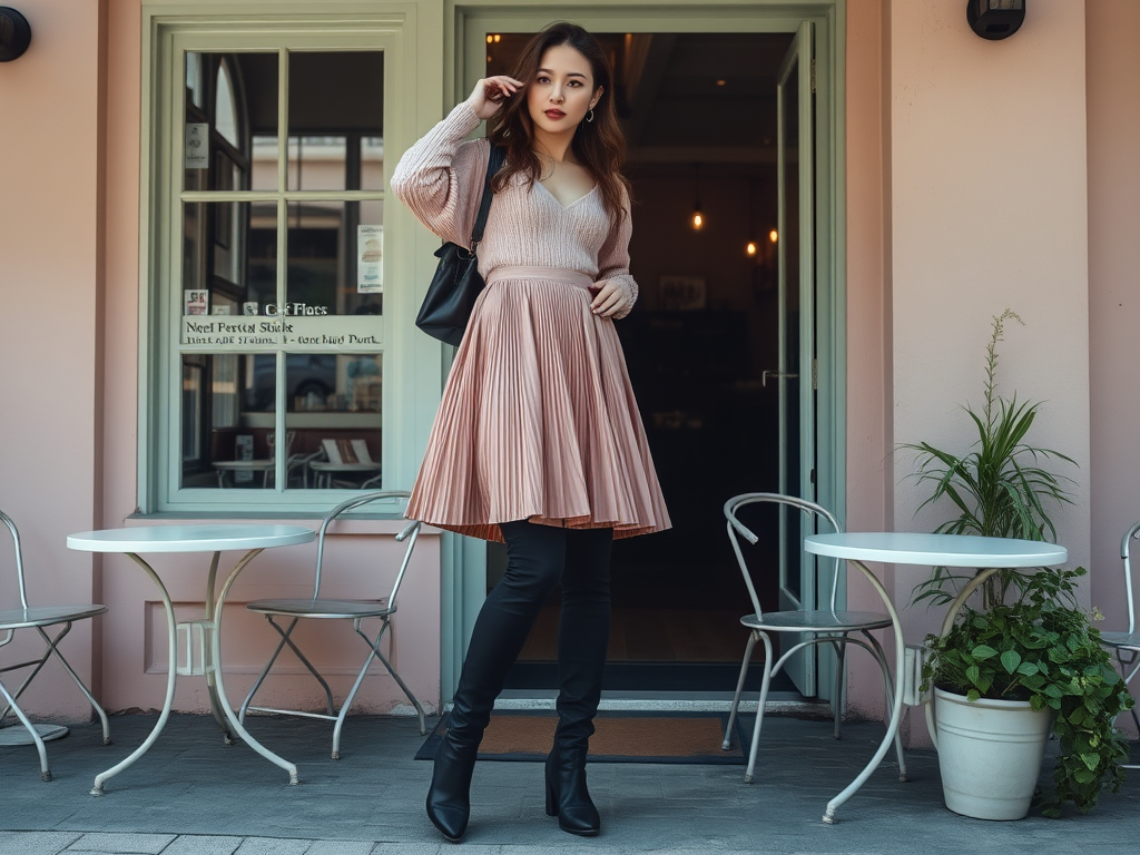 Een vrouw in een roze plissé rok en zwarte leggings staat voor een café met groene deuren.