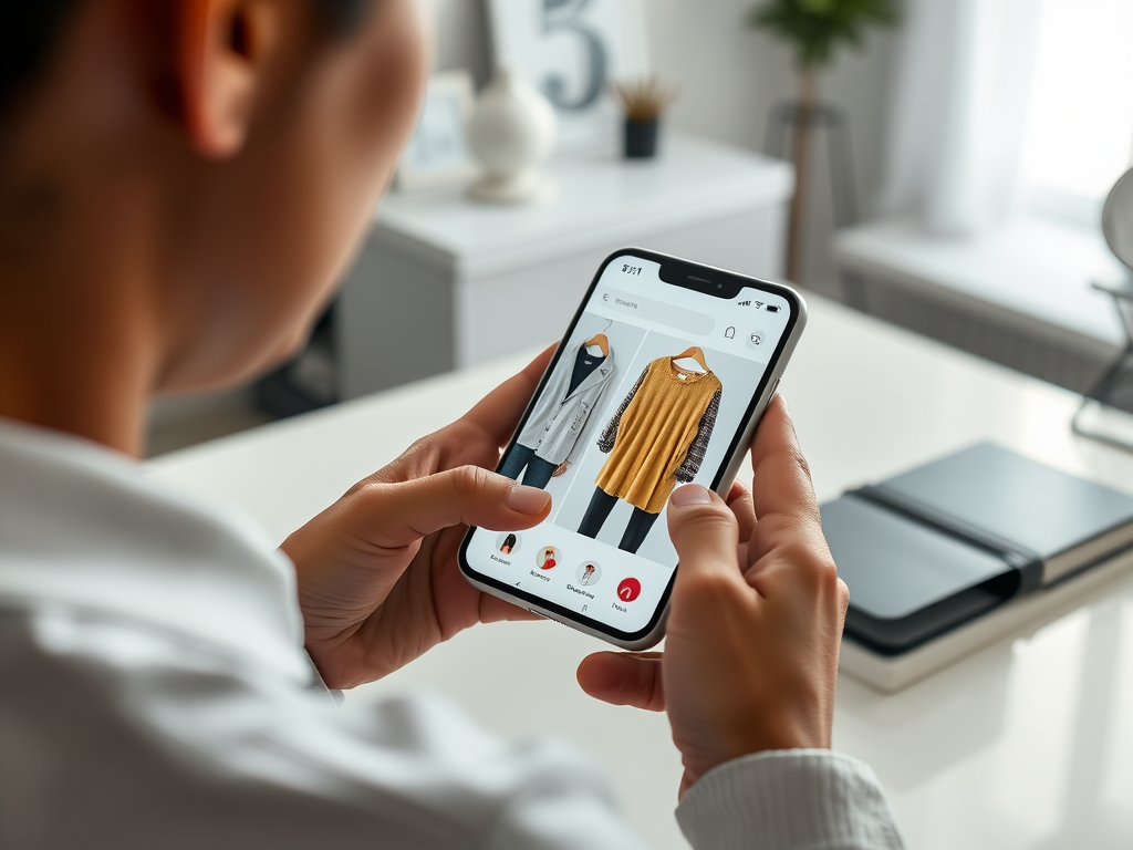 Een persoon bekijkt kleding in een app op hun smartphone, zittend aan een bureau met notitieboekjes.