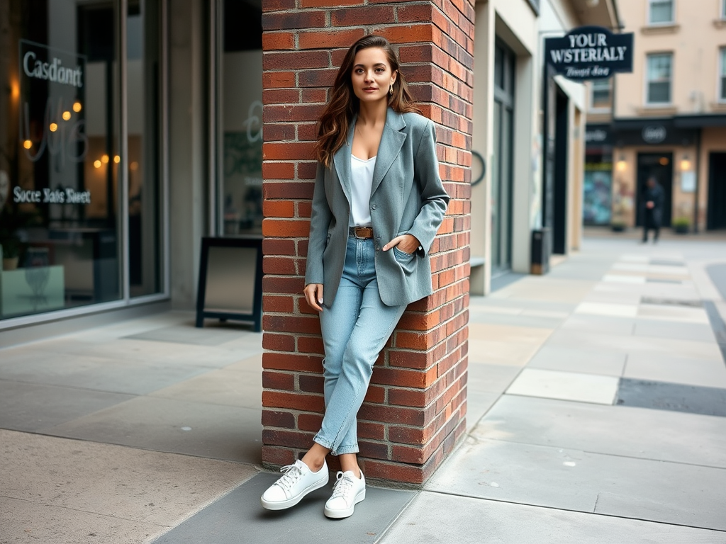 Een vrouw in een grijze blazer leunt tegen een bakstenen muur, gekleed in een T-shirt en spijkerbroek.