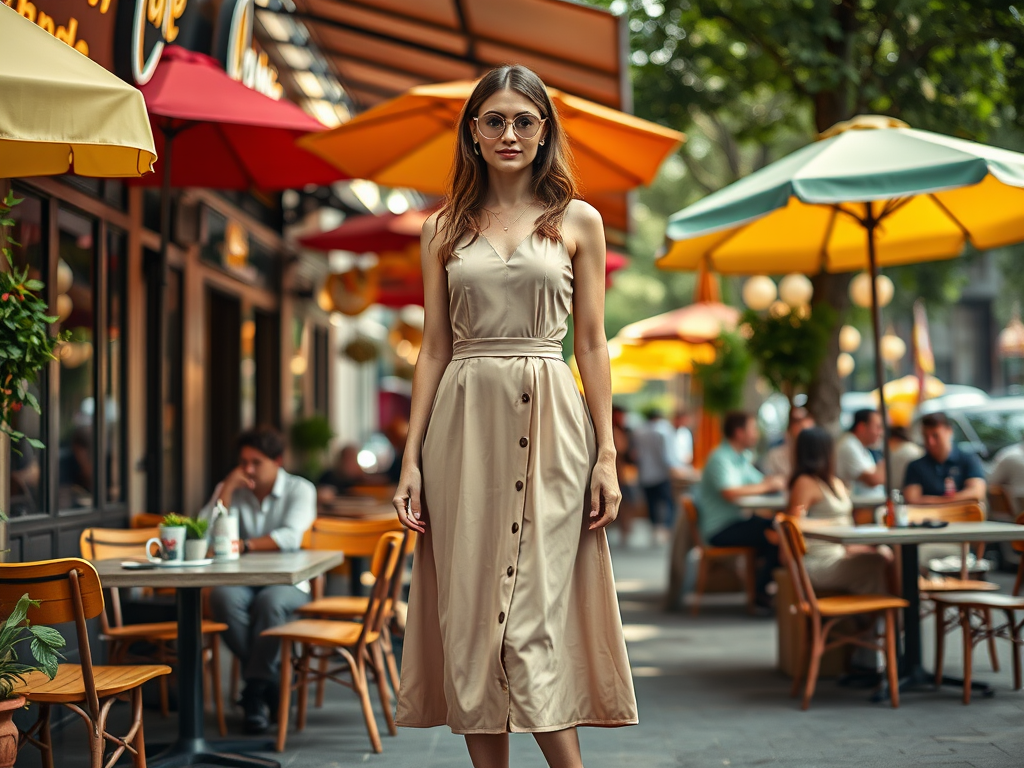 Een vrouw in een beige jurk staat voor een café met kleurrijke parasols en mensen aan tafels.