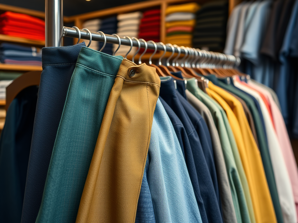 Kledingrekken met verschillende kleurrijke shirts en polo's in een stijlvolle winkel.