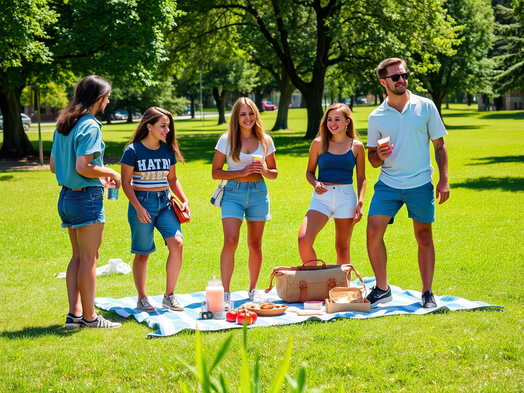 Vijf vrienden genieten van een picknick op een zonnige dag in het park, omringd door bomen en gras.