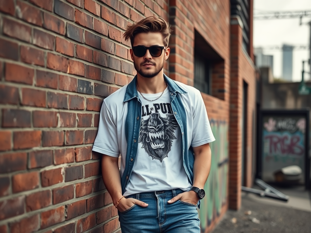 Een man leunt tegen een bakstenen muur, draagt een T-shirt en een spijkerjack, met een trendy zonnebril op.