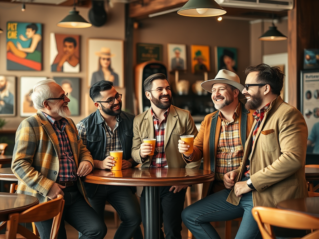 Vijf mannen met verschillende stijlen lachen en drinken koffie in een gezellige koffietent, omringd door kunst.