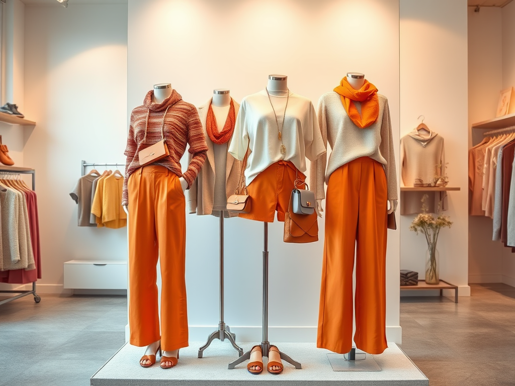 Etalage met vrouwelijke mode: oranje broeken, truien en accessoires in een moderne winkelomgeving.