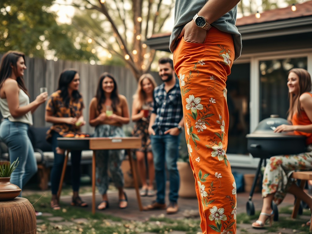 Een groep vrienden geniet van een zomer BBQ in de tuin, met gezellige gesprekken en kleurrijke kleding.