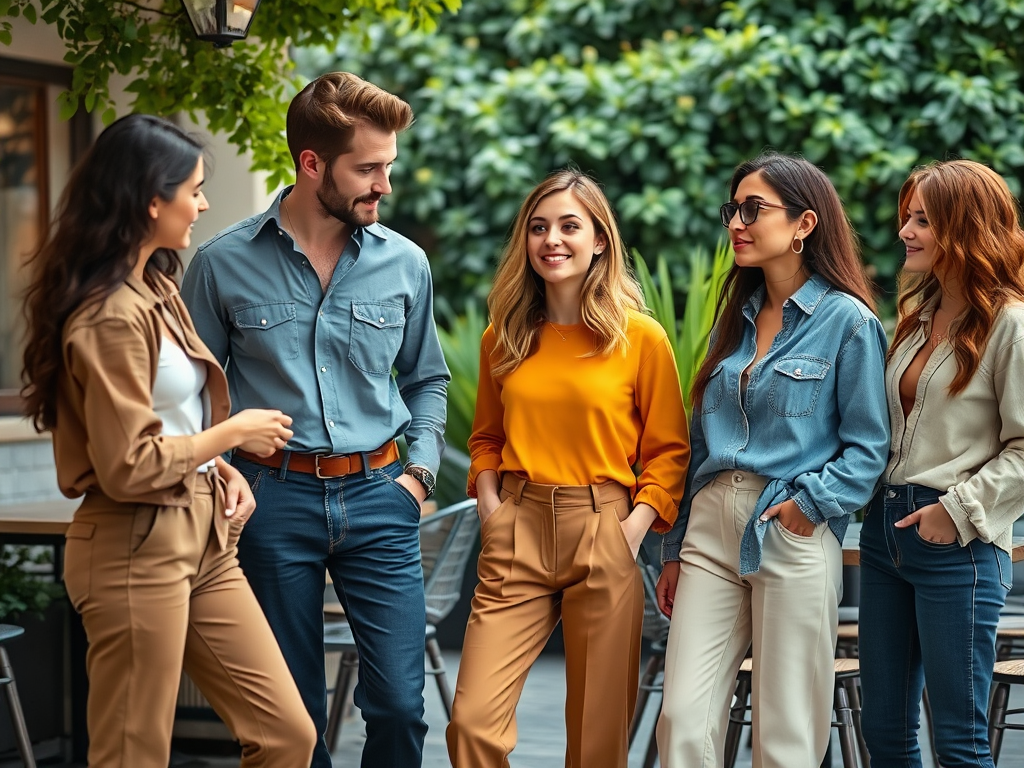 Vijf jonge volwassenen praten en lachen samen op een terras, omringd door groen. Modieuze kleding en glimlachen.