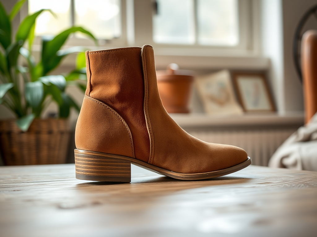 Een bruin leren laarsje met een lage hak, gestyled op een houten tafel met planten op de achtergrond.