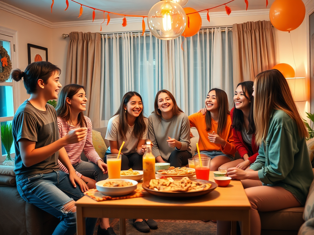 Een groep vrienden lacht en geniet van snacks en drankjes in een vrolijke woonkamer. Feestelijke sfeer met ballonnen.