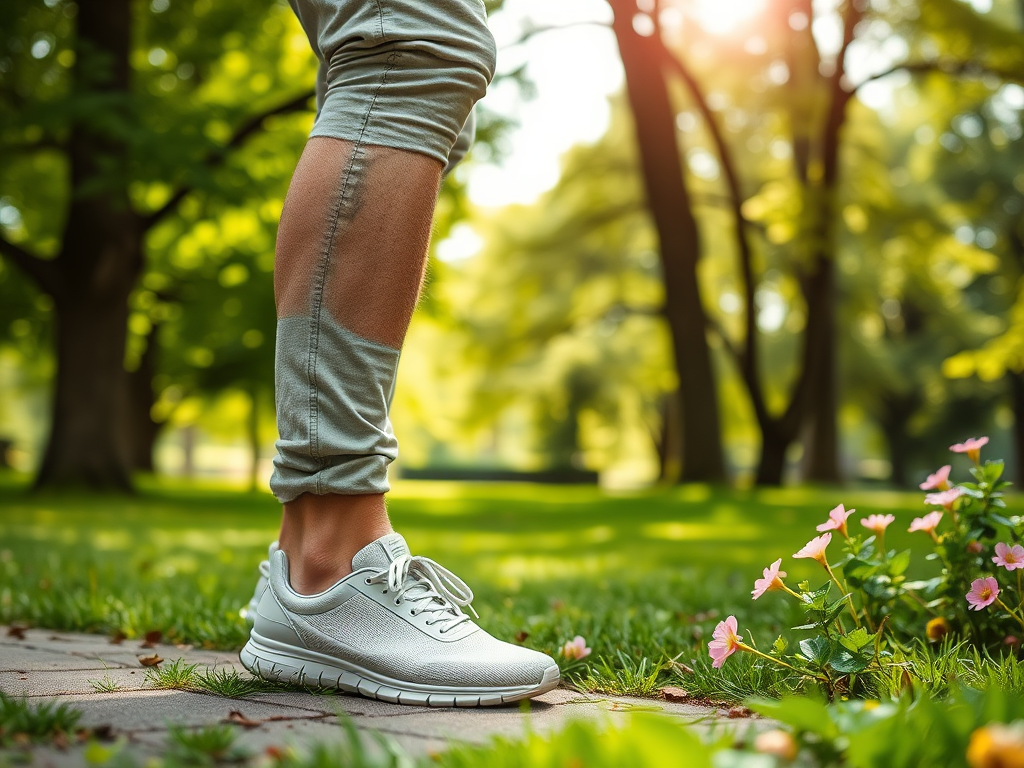 Een voet in een witte sneaker staat op een pad omringd door gras en bloemen, onder een zonnige boom.