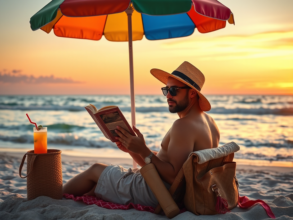 Een man leest een boek op het strand onder een parasol tijdens de zonsondergang, met een drankje naast zich.