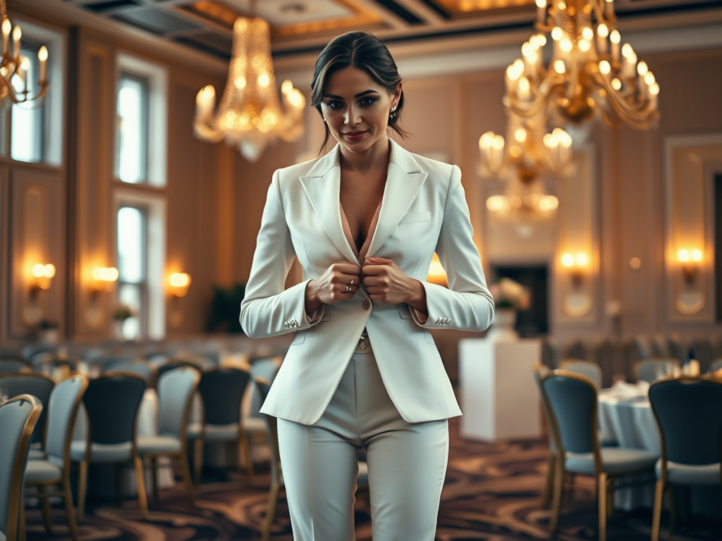 Een vrouw in een wit pak staat in een elegante zaal met kroonluchters en tafels. Ze kijkt zelfverzekerd.