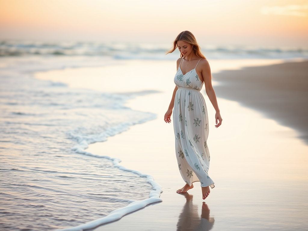 Een vrouw in een witte jurk wandelt langs de kust terwijl de zon ondergaat. Zee en zand zijn zichtbaar.