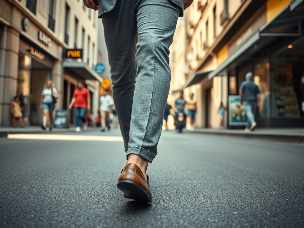 Een persoon in een grijze broek en bruine schoenen loopt op een drukke straat met winkels en voetgangers.