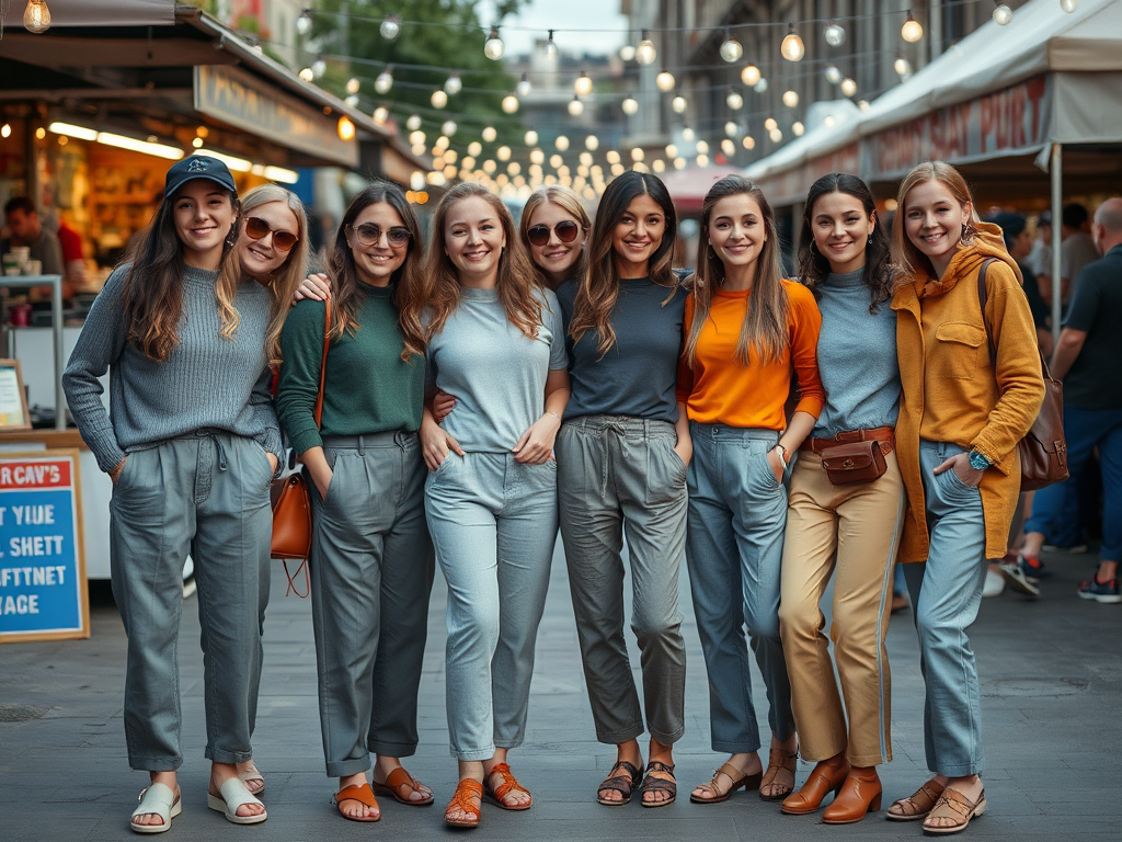 Een groep van negen jonge vrouwen poseert vrolijk op een marktstraat met feestverlichting op de achtergrond.