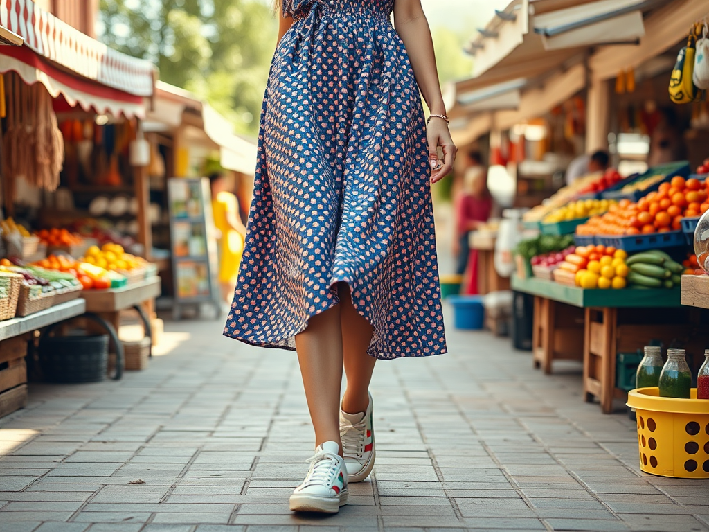 Een vrouw in een blauw met roze jurk wandelt door een levendige marktscene vol kleurrijke groenten en fruit.