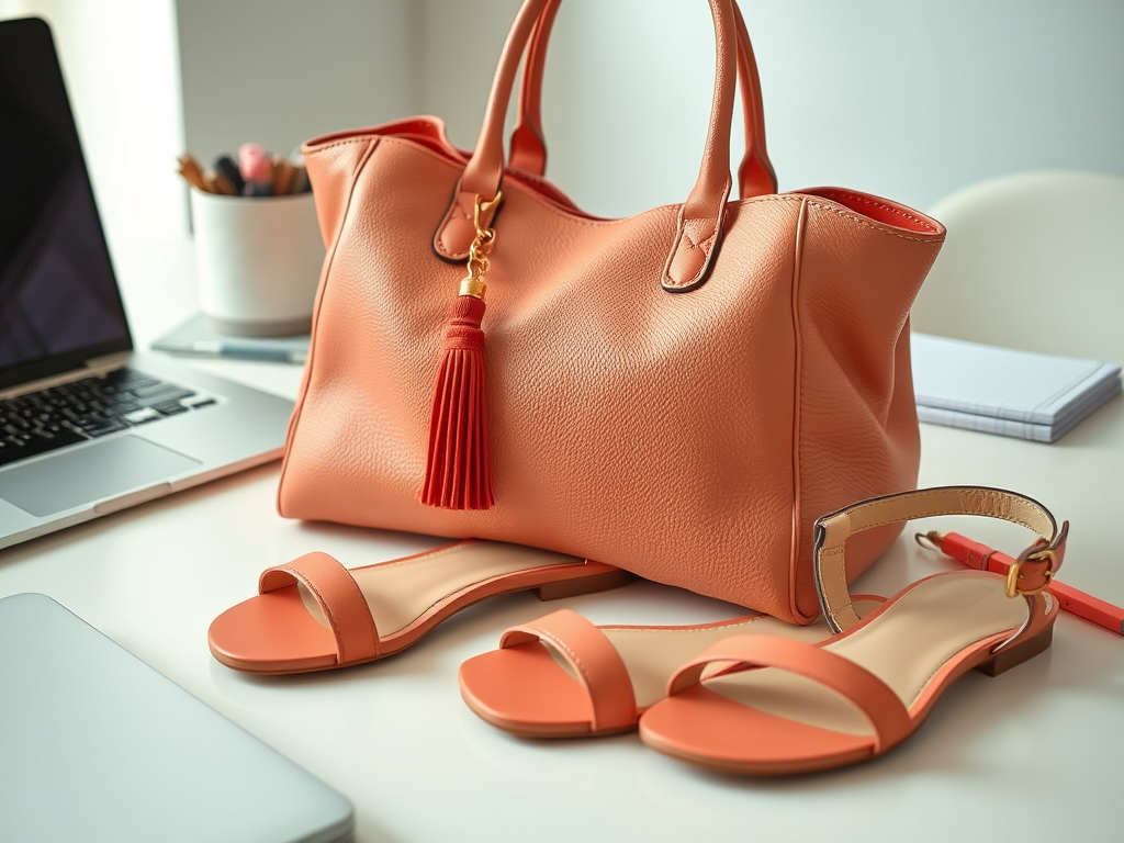 Een oranje handtas met een franje en bijpassende sandalen, naast een laptop en kantoorbenodigdheden.