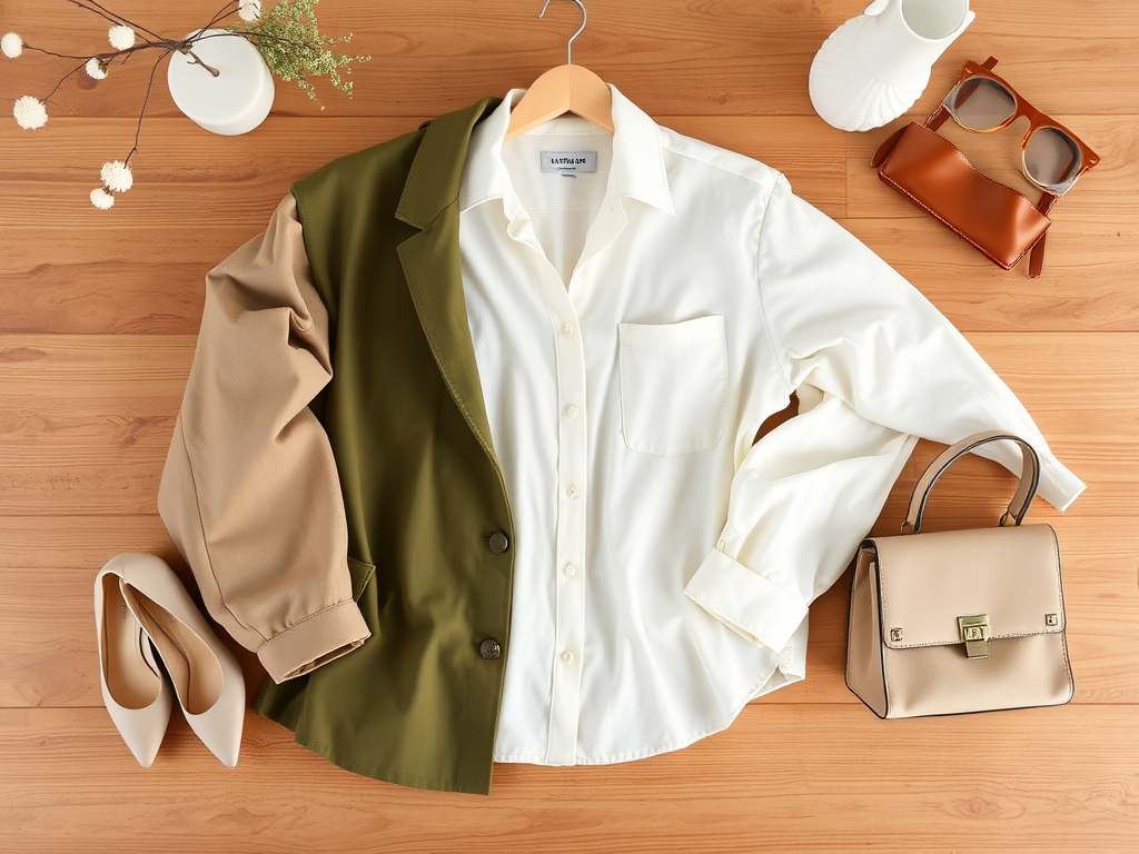 Witte overhemd met groene en beige mouwen, samen met een tas, zonnebril en hakken, op een houten tafel.