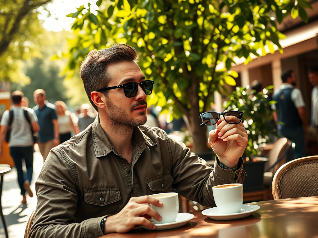 Een man in een café, genietend van koffie en zonnebrillen in de hand, omringd door mensen en groen.