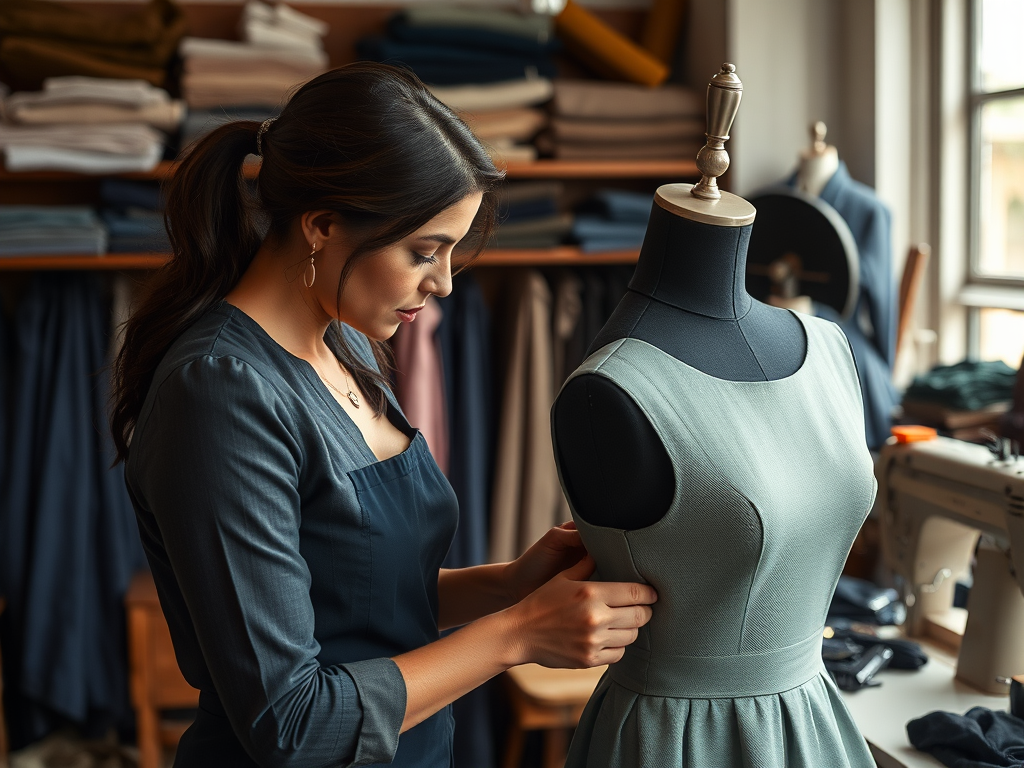 Een vrouw in een atelier past een groene jurk aan een mannequin aan, omringd door stofrollen.