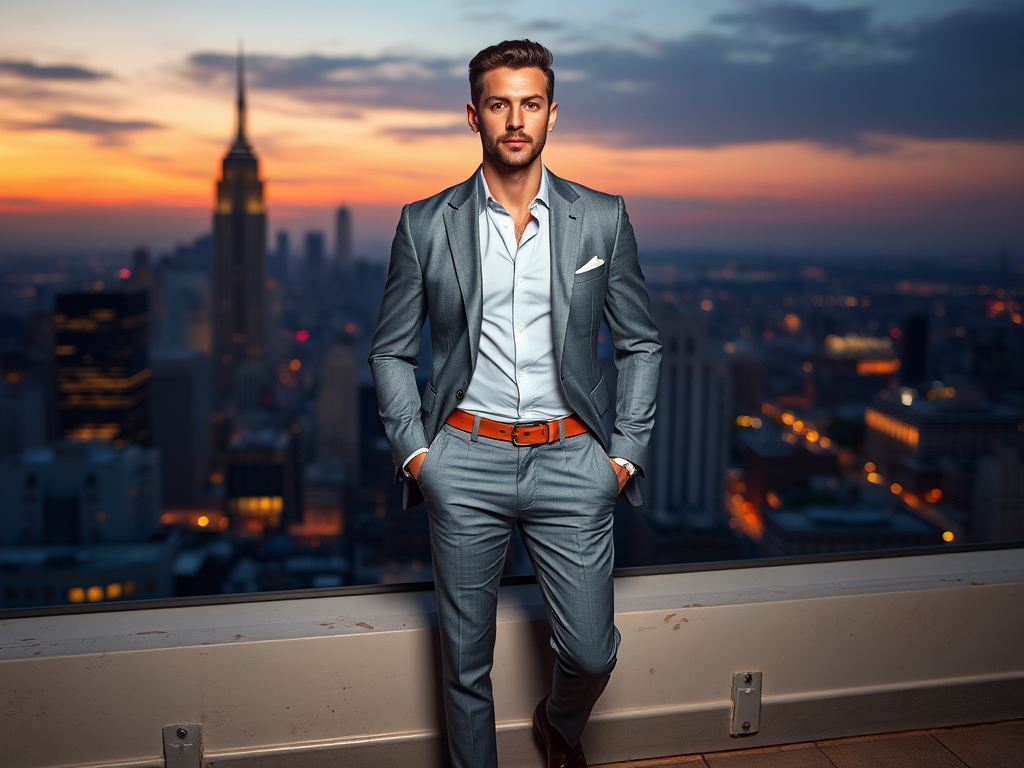 Een man in een grijs pak staat op een dakterras met stadsgezichten tijdens zonsondergang op de achtergrond.