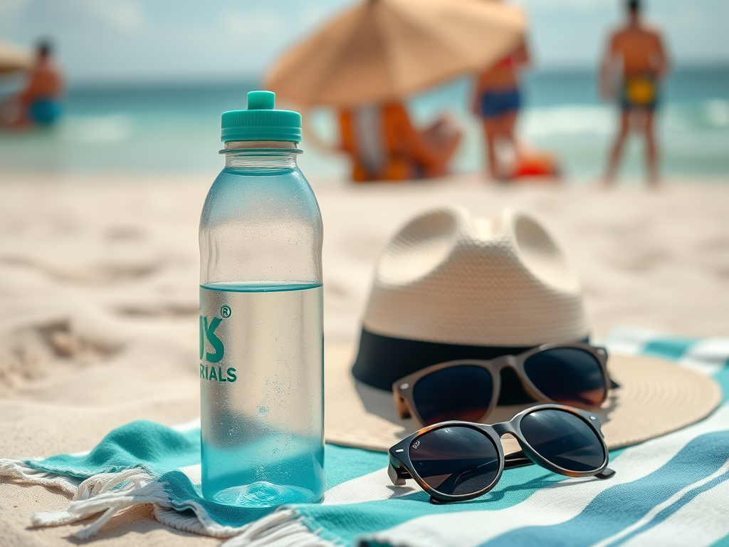 Een waterfles, een hoed en een zonnebril liggen op een strandhanddoek op het strand, met zee op de achtergrond.