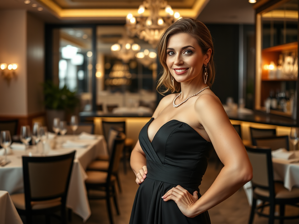 Een vrouw in een zwarte jurk poseert vriendelijk in een elegante restaurantomgeving.