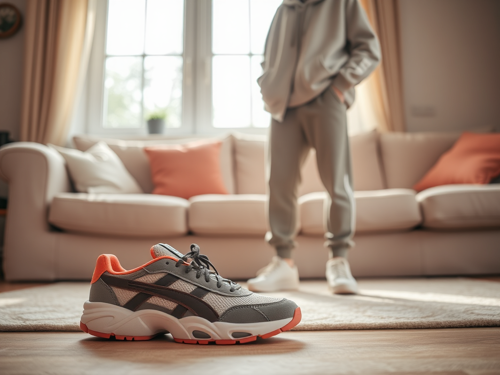 Een sportieve sneaker staat op de vloer met een persoon in casual kleding op de achtergrond in een woonkamer.