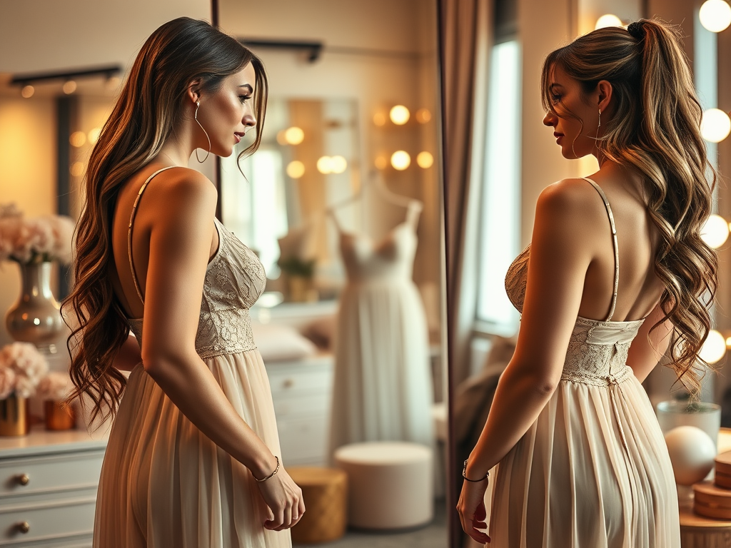 Een vrouw in een elegante jurk kijkt in de spiegel, met zachte verlichting en een stijlvolle achtergrond.