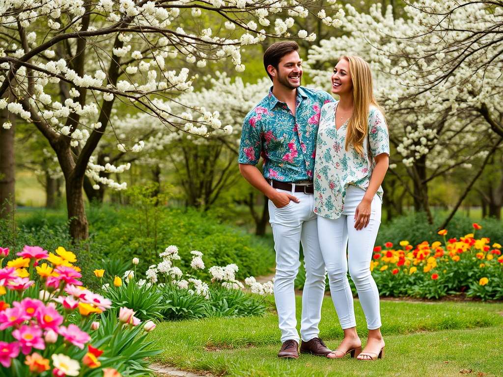 Een jong stel staat samen in een bloeiende tuin met kleurrijke bloemen en bomen op de achtergrond.